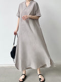 Loose Short Sleeves Solid Color V-Neck Maxi Dresses
