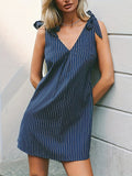 Sleeveless Bowknot Split-Joint Striped V-Neck Mini Dresses Shirt Dress