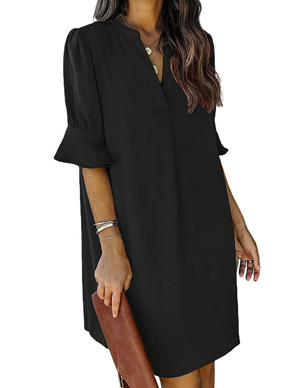 A-Line Flared Sleeves Pleated Ruffled Solid Color Split-Joint V-Neck Mini Dresses
