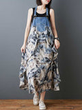 Loose Plus Size Flower Print Pockets Split-Joint Spaghetti-Neck Maxi Dresses Suspender Dress