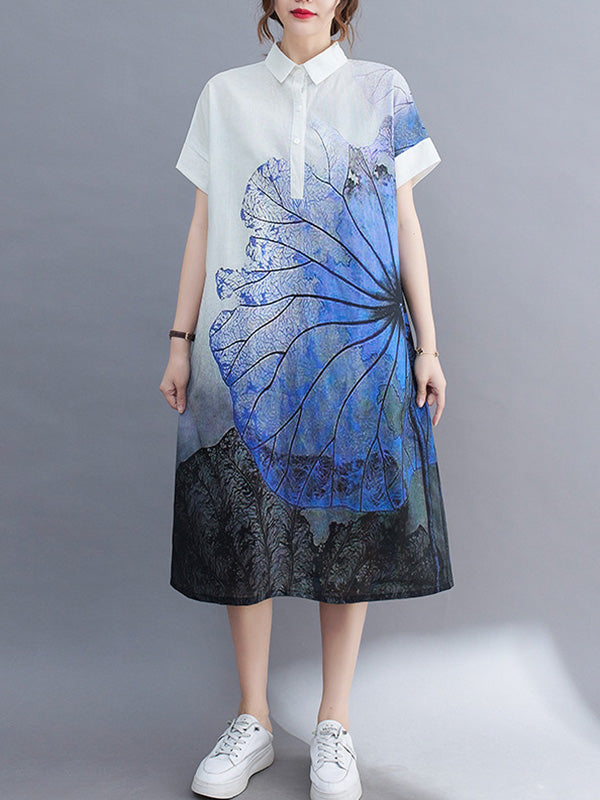 Loose Short Sleeves Buttoned Floral Printed Lapel Collar Midi Dresses Shirt Dress