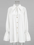 A-Line Flared Sleeves Buttoned Elasticity Pleated Solid Color Tied Zipper Stand Collar Mini Dresses